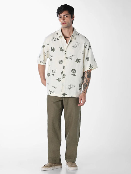 Flinky Premium Men's Minimal Floral Printed Half Sleeve Casual Shirt | Relaxed Fit | Soft Cotton Blend | Lightweight Summer Resort Wear