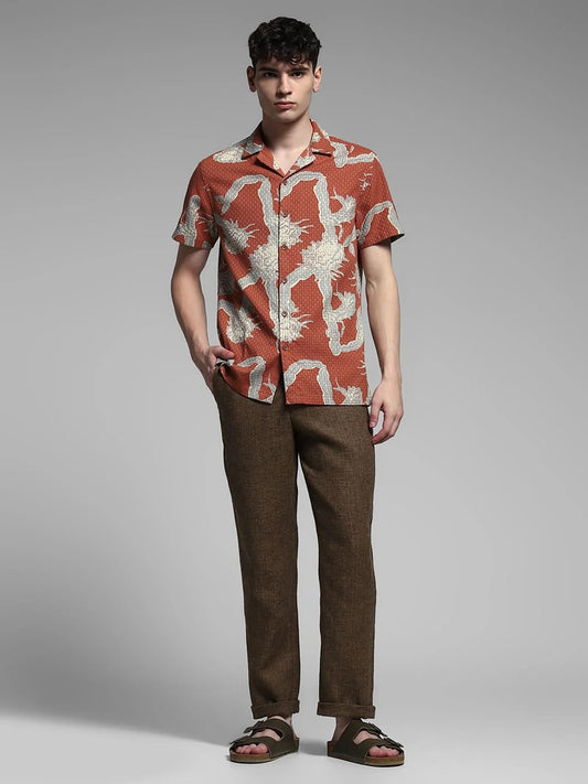 Flinky Premium Men's Tropical Botanical Print Cuban Collar Half Sleeve Casual Shirt | Relaxed Fit | Soft Cotton Blend | Summer Beach Resort Wear