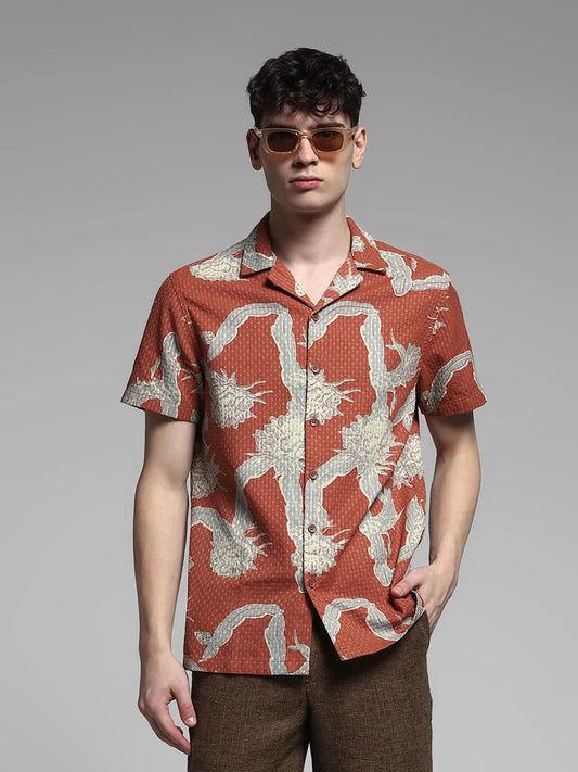 Flinky Premium Men's Tropical Botanical Print Cuban Collar Half Sleeve Casual Shirt | Relaxed Fit | Soft Cotton Blend | Summer Beach Resort Wear
