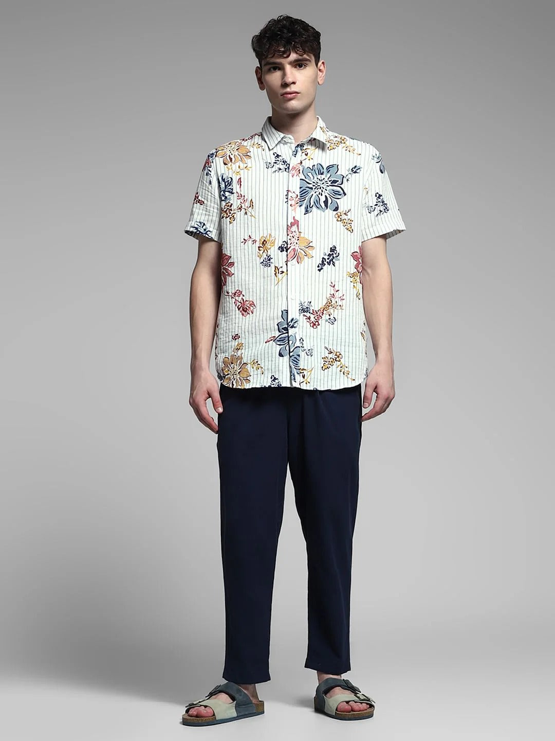 Flinky Premium Men's Floral & Striped Printed Half Sleeve Casual Shirt | Regular Fit | Soft Cotton Blend | Summer Vacation Resort Wear