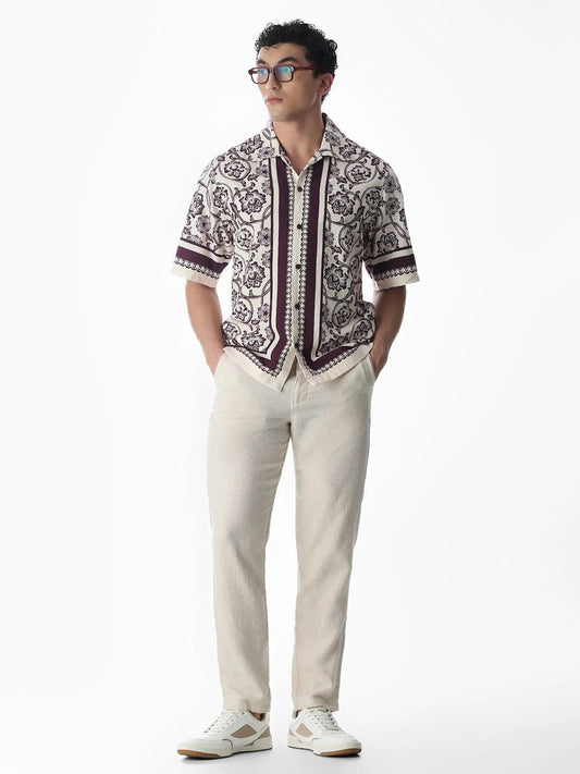 Flinky Premium Men's Vintage Floral Border Print Cuban Collar Half Sleeve Casual Shirt | Relaxed Fit | Soft Cotton Blend | Resort & Summer Wear